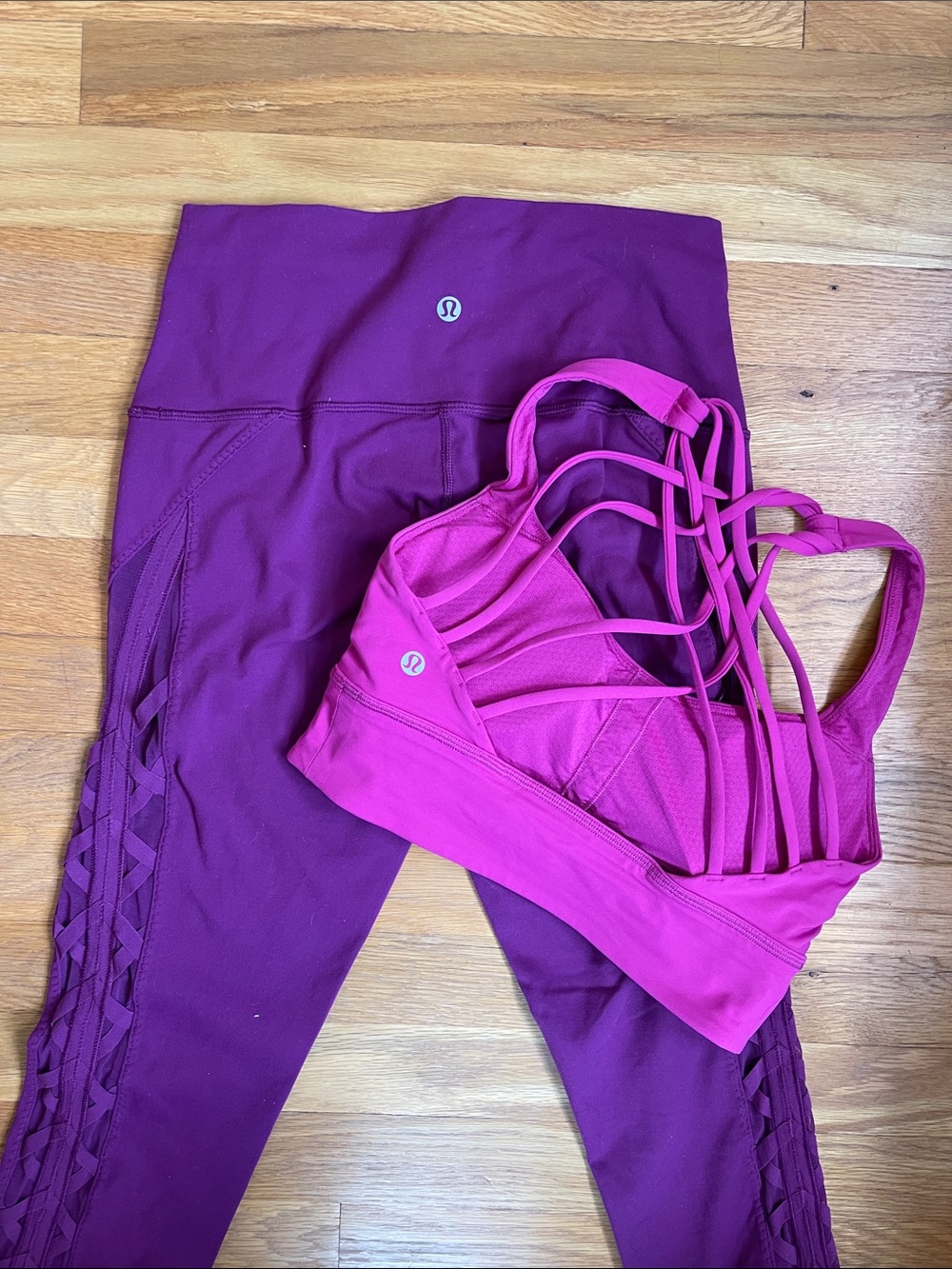 lululemon athletica Plum Leggings with Magenta Strappy Sports Bra